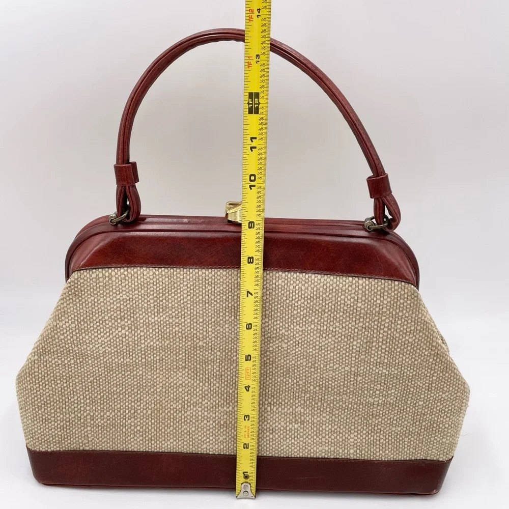 Vintage 50s 60s Top Handle Satchel Bag Red Leather Tweed Purse Midcentury Modern - Picture 9 of 12